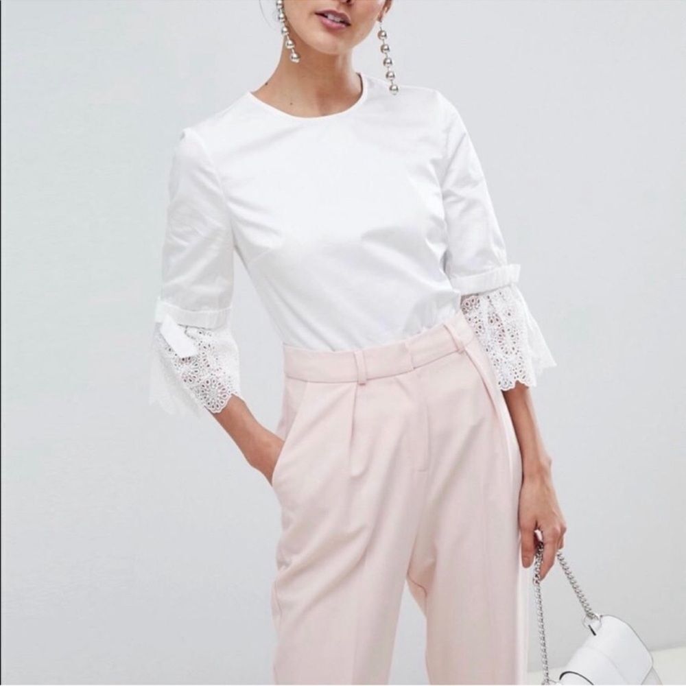 Ted Baker 12 White Frolta Broderie Cotton Bow Lace Bell Sleeve Button Back Top